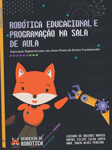 Capa do livro Robótica Educacional e Programação na Sala de Aula, com o mascote raposa tocando um braço robótico sobre fundo escuro tecnológico